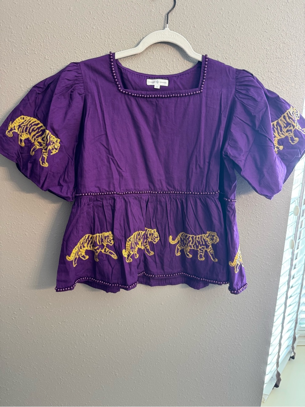 Purple Embroidered Tiger Peplum Blouse - Women's